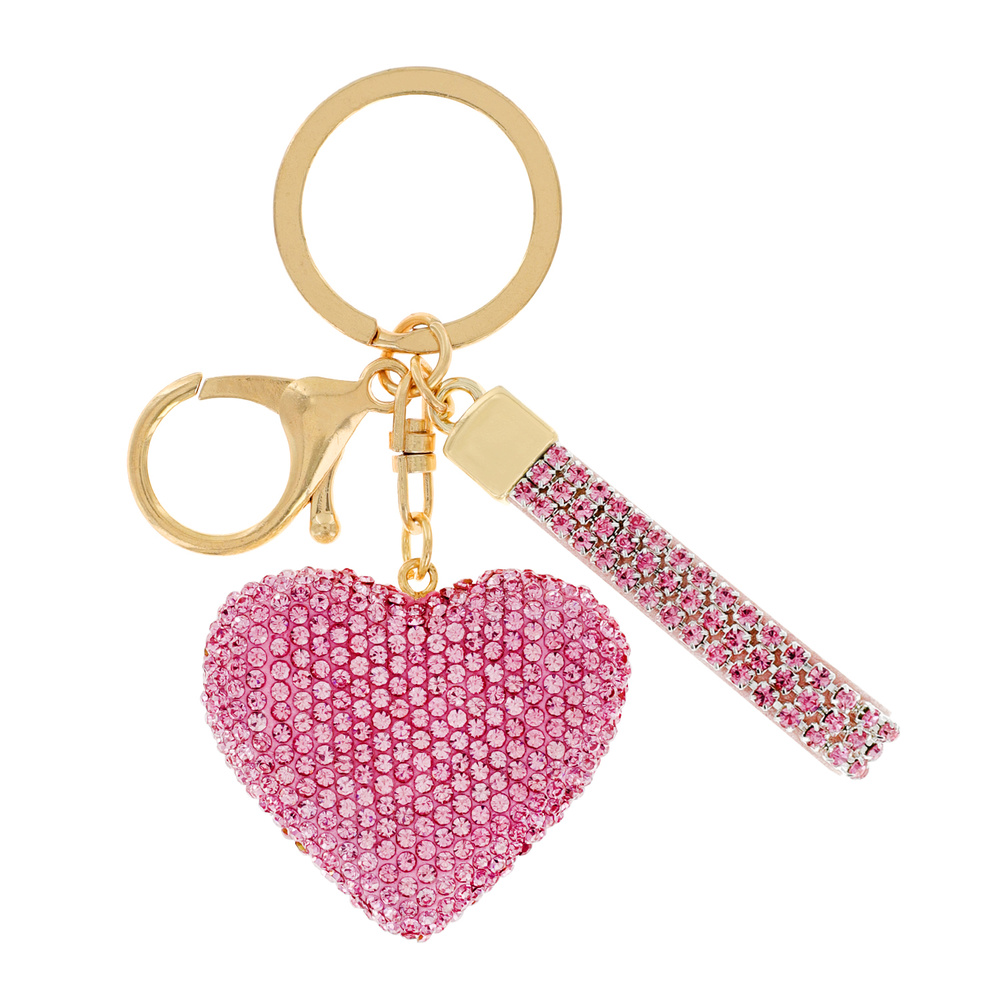 KCY1337 PK HEART RHINESTONE KEYCHAIN WITH KEY RING AND STRAP Keychains