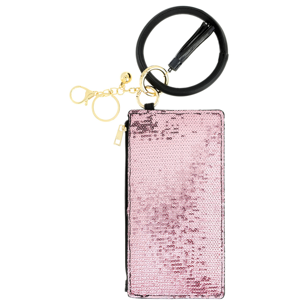 KCY1516 PK SEQUIN BLING ZIPPER PURSE WITH WRISTLET AND KEYCHAIN Keychains