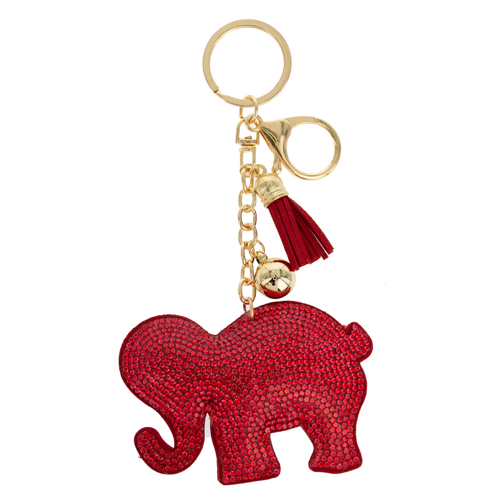 KCY5729 GRD JEWELED RED ELEPHANT FRINGE JINGLE CHARM KEYCHAIN ELEPHANT