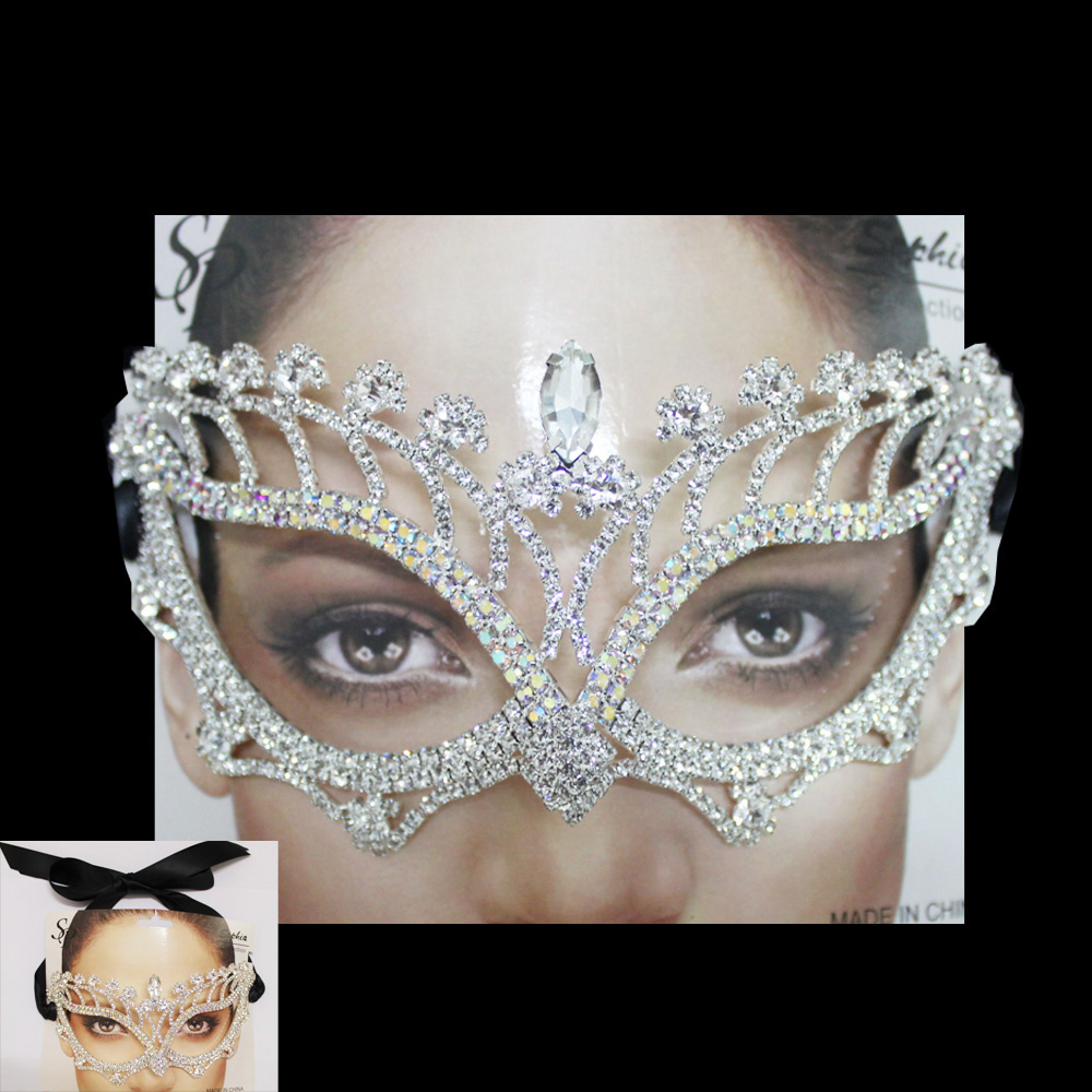 MASK1338 SCL Rhinestone Mask with Black Satin Ribbon Masquerade Masks