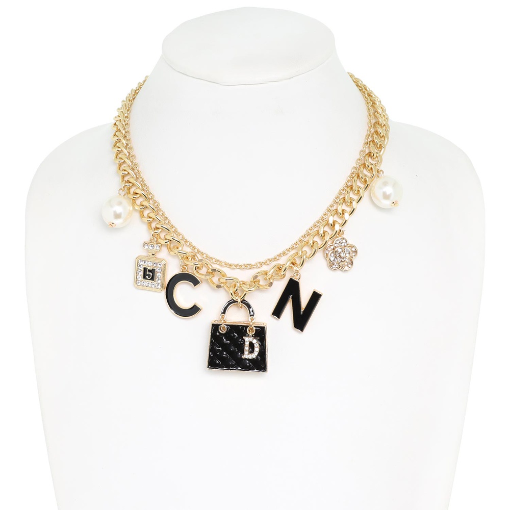 N12782 GDCLR 2ROW FASHIONISTA MULTI CHARM CHAIN NECKLACE