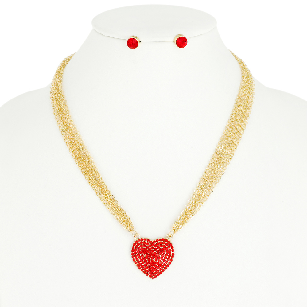 N4586 GDRED RHINESTONE HEART PENDANT MULTI CHAIN NECKLACE AND EARRINGS