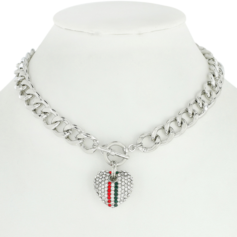 N6615 RDGMT HEART CHARM CHAIN TOGGLE NECKLACE Rhinestone