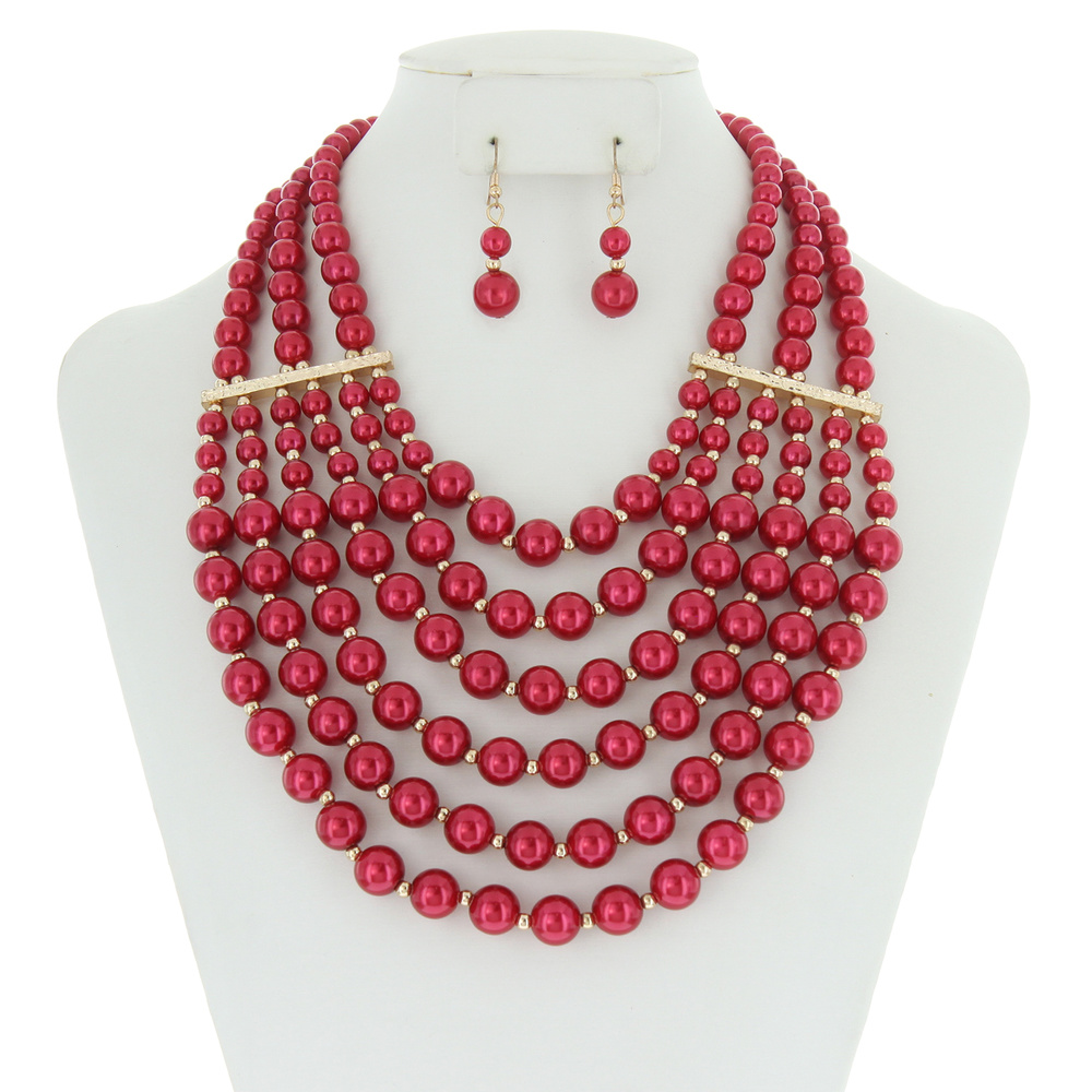 NPY058 GRD Multi Layered Pearl Strand Necklace And Earrings Set Npy058Grd
