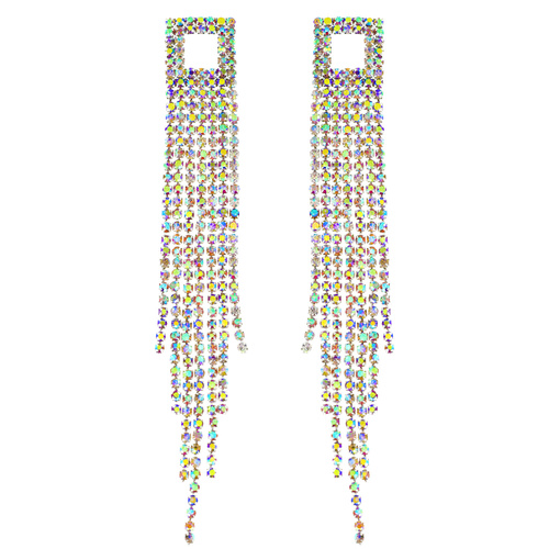 CRYSTAL RHINESTONE OPEN SQUARE LONG DROP TASSEL EARRINGS