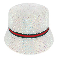 FASHION BLING RHINESTONE STUDDED PAPER BRAID BUCKET HAT WITH RED GREEN STRIPE