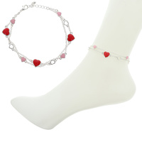 MULTICOLOR ADJUSTABLE SILVER TONE VALENTINE'S DAY ANKLE BRACELET WITH RED AND PINK ENAMEL HEARTS