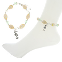 SEAHORSE -NAUTICAL THEMED ADJUSTABLE SEA GLASS BEADED CHARM ANKLET