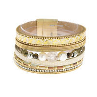 CRYSTAL RHINESTONE BEAD MIX BOHEMIAN LEATHER WRAP CUFF BRACELET