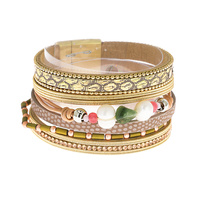 CRYSTAL RHINESTONE BEAD MIX BOHEMIAN LEATHER WRAP CUFF BRACELET