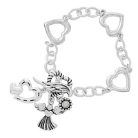 GUARDIAN ANGEL HEART LINK MULTI CHARM TOGGLE BRACELET IN SILVER AND MULTITONE METAL