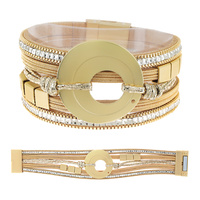 BOHEMIAN OPEN CIRCLE FAUX LEATHER MULTI-STRAND CORD CRYSTAL RHINESTONE BRACELET WITH MAGNETIC CLOSURE