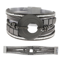 BOHEMIAN OPEN CIRCLE FAUX LEATHER MULTI-STRAND CORD CRYSTAL RHINESTONE BRACELET WITH MAGNETIC CLOSURE