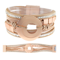 BOHEMIAN OPEN CIRCLE FAUX LEATHER MULTI-STRAND CORD CRYSTAL RHINESTONE BRACELET WITH MAGNETIC CLOSURE