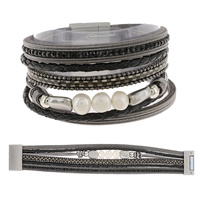 BOHEMIAN BEADED FAUX LEATHER MULTI-STRAND CORD CRYSTAL RHINESTONE BRACELET WITH MAGNETIC CLOSURE