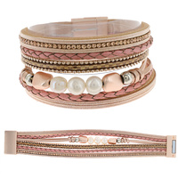 BOHEMIAN BEADED FAUX LEATHER MULTI-STRAND CORD CRYSTAL RHINESTONE BRACELET WITH MAGNETIC CLOSURE