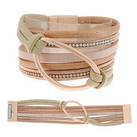 BOHEMIAN FAUX LEATHER MULTI-STRAND CRYSTAL RHINESTONE CORD LOOP BRACELET WITH MAGNETIC CLOSURE