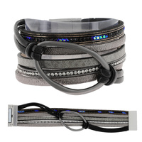 BOHEMIAN FAUX LEATHER MULTI-STRAND CRYSTAL RHINESTONE CORD LOOP BRACELET WITH MAGNETIC CLOSURE
