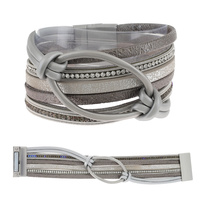 BOHEMIAN FAUX LEATHER MULTI-STRAND CRYSTAL RHINESTONE CORD LOOP BRACELET WITH MAGNETIC CLOSURE