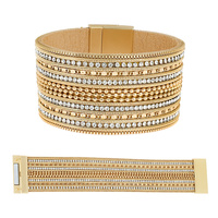 CRYSTAL RHINESTONE BEADED FAUX LEATHER CUFF BRACELET WITH MAGNETIC CLOSURE