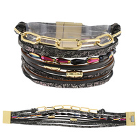 BOHEMIAN BEADED FAUX LEATHER MULTI-STRAND CHAIN BRACELET WITH MAGNETIC CLOSURE