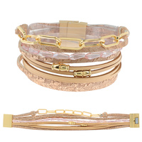 BOHEMIAN BEADED FAUX LEATHER MULTI-STRAND CHAIN BRACELET WITH MAGNETIC CLOSURE