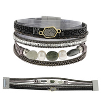 BOHEMIAN BEADED FAUX LEATHER MULTI-STRAND CORD CRYSTAL RHINESTONE BRACELET WITH MAGNETIC CLOSURE