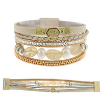 BOHEMIAN BEADED FAUX LEATHER MULTI-STRAND CORD CRYSTAL RHINESTONE BRACELET WITH MAGNETIC CLOSURE