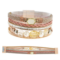 BOHEMIAN BEADED FAUX LEATHER MULTI-STRAND CORD CRYSTAL RHINESTONE BRACELET WITH MAGNETIC CLOSURE