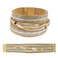 BOHEMIAN FAUX LEATHER MULTI-STRAND CRYSTAL RHINESTONE CORD BRACELET WITH MAGNETIC CLOSURE