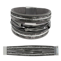 BOHEMIAN FAUX LEATHER MULTI-STRAND CRYSTAL RHINESTONE CORD BRACELET WITH MAGNETIC CLOSURE