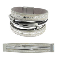 BOHEMIAN FAUX LEATHER MULTI-STRAND CRYSTAL RHINESTONE CORD BRACELET WITH MAGNETIC CLOSURE