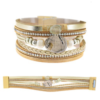 BOHEMIAN STONE BEADED FAUX LEATHER MULTI-STRAND CORD CRYSTAL RHINESTONE BRACELET WITH MAGNETIC CLOSURE