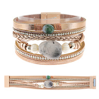 BOHEMIAN STONE BEADED FAUX LEATHER MULTI-STRAND CORD CRYSTAL RHINESTONE BRACELET WITH MAGNETIC CLOSURE