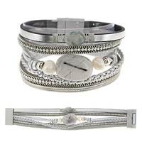 BOHEMIAN STONE BEADED FAUX LEATHER MULTI-STRAND CORD CRYSTAL RHINESTONE BRACELET WITH MAGNETIC CLOSURE