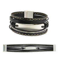 BOHEMIAN FAUX LEATHER MULTI-STRAND CRYSTAL RHINESTONE TAG BRACELET WITH MAGNETIC CLOSURE