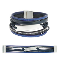 BOHEMIAN FAUX LEATHER MULTI-STRAND CRYSTAL RHINESTONE TAG BRACELET WITH MAGNETIC CLOSURE