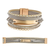 BOHEMIAN FAUX LEATHER MULTI-STRAND CRYSTAL RHINESTONE TAG BRACELET WITH MAGNETIC CLOSURE