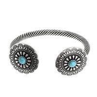 WESTERN TURQUOISE SEMI STONE SCALLOPED CONCHO DOUBLET CABLE CUFF BRACELET IN OXIDIZED SILVER TONE METAL