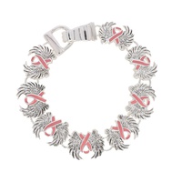 PINK RIBBON BREAST CANCER AWARENESS WING ENAMEL COATED BRACELET WITH MAGNETIC CLOSURE IN SILVER TONE METAL