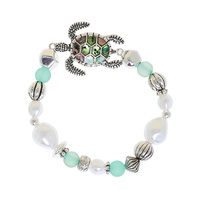 TURTLE ABALONE SEA LIFE SEA GLASS AND PEARL BEADED STRETCH BRACELET IN SILVER TONE METAL