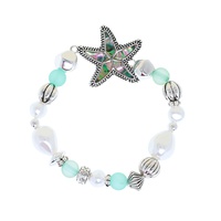 STARFISH ABALONE SEA LIFE SEA GLASS AND PEARL BEADED STRETCH BRACELET IN SILVER TONE METAL