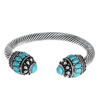 WESTERN TURQUOISE SEMI STONE DOUBLET CABLE CUFF BRACELET IN OXIDIZED SILVER TONE METAL