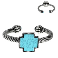 WESTERN TURQUOISE SEMI STONE CROSS DOUBLET CABLE CUFF BRACELET IN OXIDIZED SILVER TONE METAL