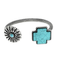 WESTERN SCALLOPED CONCHO AND CROSS TURQUOISE SEMI STONE DOUBLET CABLE CUFF BRACELET IN OXIDIZED SILVER TONE METAL