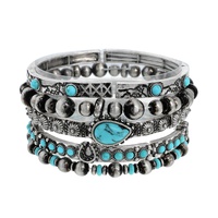 WESTERN TURQUOISE SEMI STONE NAVAJO PEARL BEADED EQUESTRIAN LAYERED LOOK STRETCH BRACELET IN SILVER TONE OXIDIZED METAL