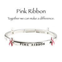 ENAMEL PINK RIBBON BREAST CANCER AWARENESS  "WE CAN MAKE A DIFFERENCE TOGETHER"  INSPIRATIONAL MESSAGE STRETCH BANGLE BRACELET