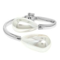 DOUBLE TEARDROP PEARL METAL CUFF HINGE BRACELET