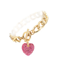VALENTINE'S DAY CHAIN LINK CRYSTAL PAVE HEART CHARM TOGGLE BRACELET