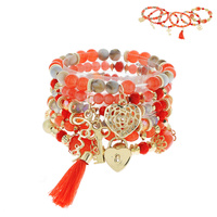 HEART LOCK AND KEY 6-PIECE BEADED MULTI CHARM STRETCH BRACELET SET